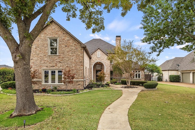 view of front of property featuring a garage and a front lawn