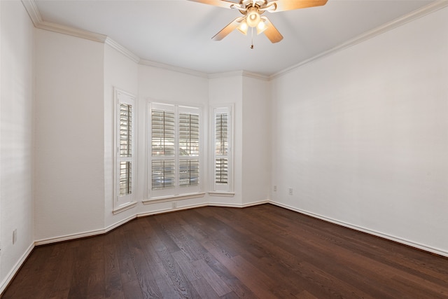 empty room featuring ornamental molding, hardwood / wood-style floors, and ceiling fan