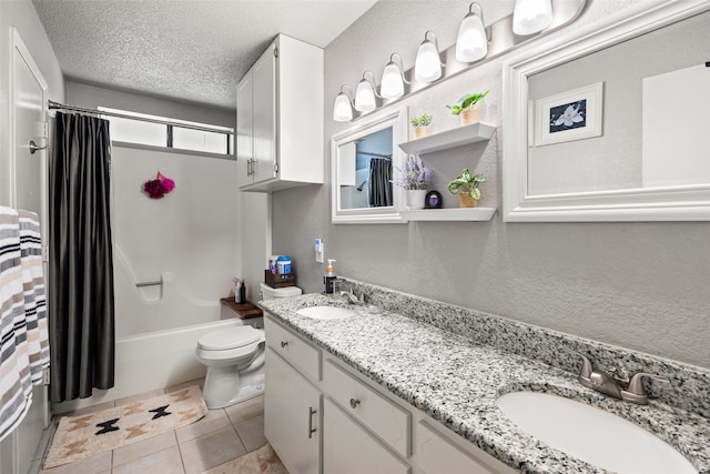 full bathroom featuring toilet, tile patterned flooring, a textured ceiling, vanity, and shower / tub combo