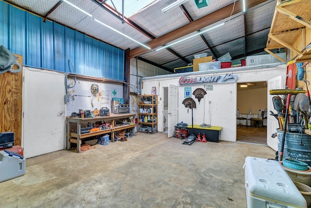 garage with a workshop area