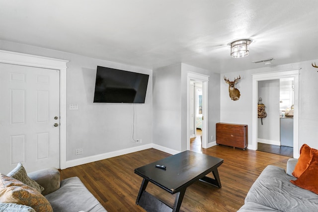 living room featuring dark wood-type flooring