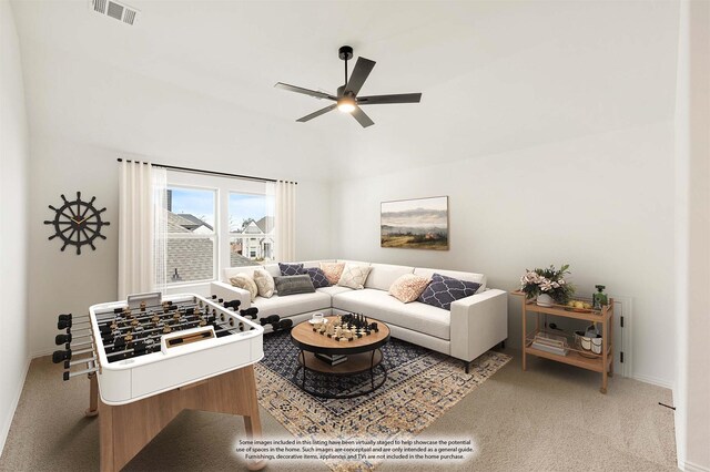 unfurnished room with a ceiling fan, lofted ceiling, light colored carpet, and baseboards