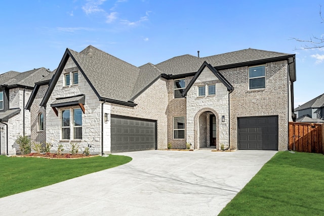 french provincial home with a garage, roof with shingles, brick siding, and a front lawn