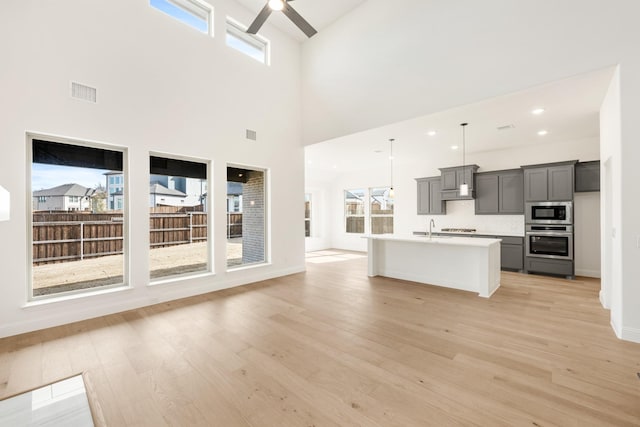 kitchen with stainless steel appliances, open floor plan, a sink, and light wood finished floors