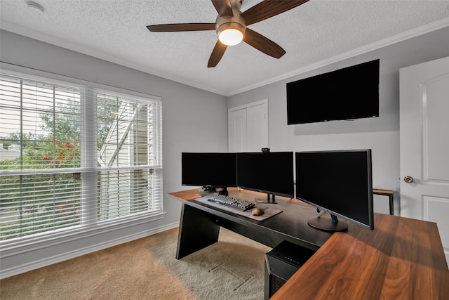 carpeted home office with a textured ceiling, ceiling fan, and ornamental molding