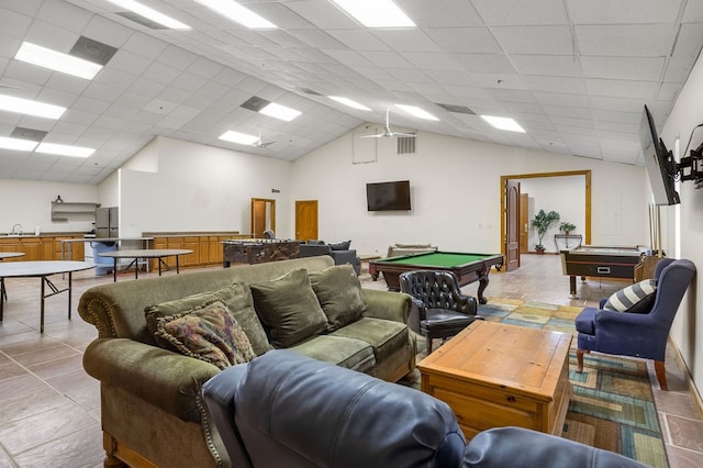 game room featuring sink, a paneled ceiling, vaulted ceiling, and billiards