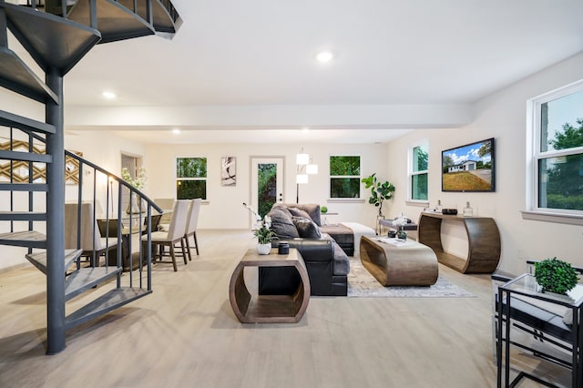 living room with light carpet and plenty of natural light