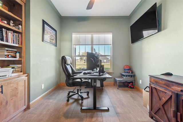 office with ceiling fan and crown molding