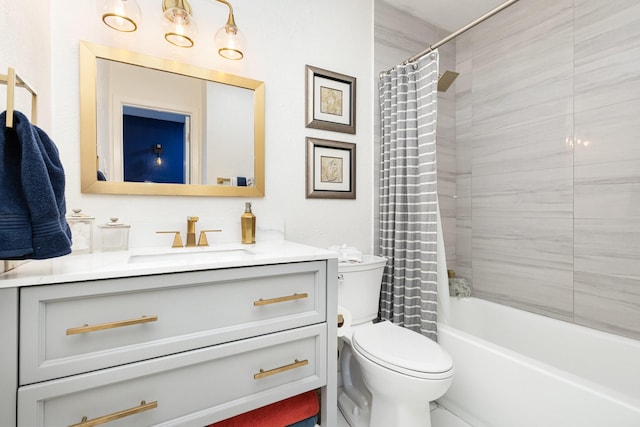 full bathroom with vanity, toilet, and shower / bath combo with shower curtain