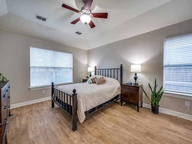 bedroom featuring ceiling fan and light wood-type flooring