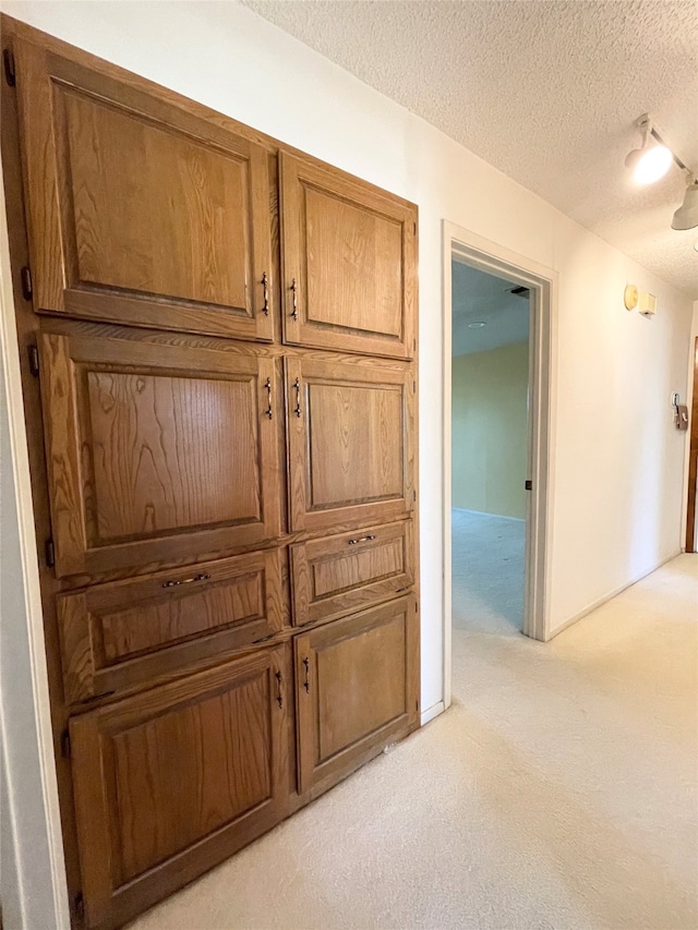 hall with a textured ceiling and light colored carpet