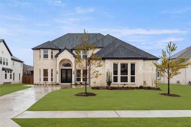 french country home featuring stone siding, roof with shingles, french doors, and a front yard