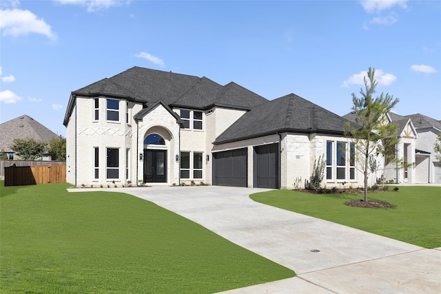 french country style house featuring a garage and a front lawn