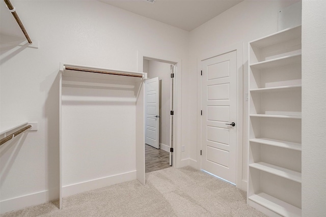 spacious closet featuring light colored carpet