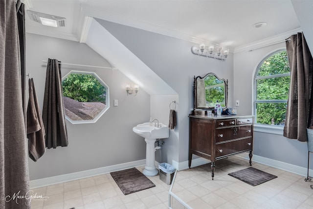 bathroom with crown molding and plenty of natural light