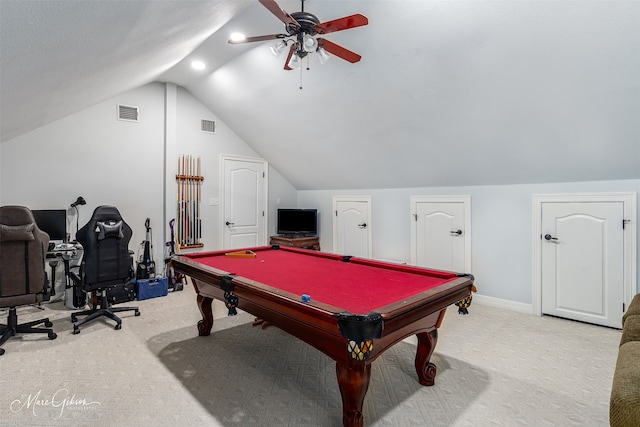 playroom with pool table, vaulted ceiling, light colored carpet, and ceiling fan