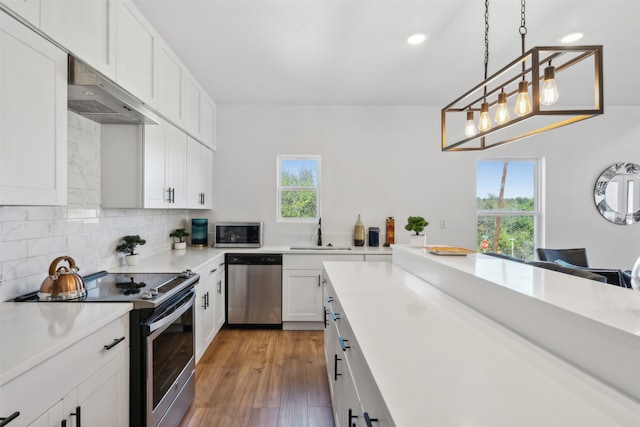 kitchen featuring white cabinetry, appliances with stainless steel finishes, decorative light fixtures, hardwood / wood-style floors, and sink