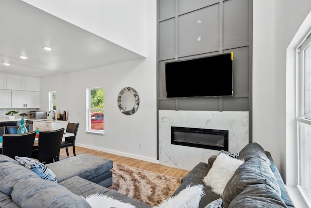 living room featuring sink, light hardwood / wood-style floors, and a fireplace