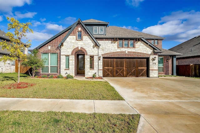 view of front of home featuring a front yard and a garage