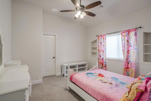 bedroom with lofted ceiling, visible vents, a ceiling fan, light carpet, and baseboards