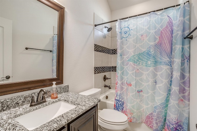 full bathroom featuring shower / bath combination with curtain, vanity, and toilet