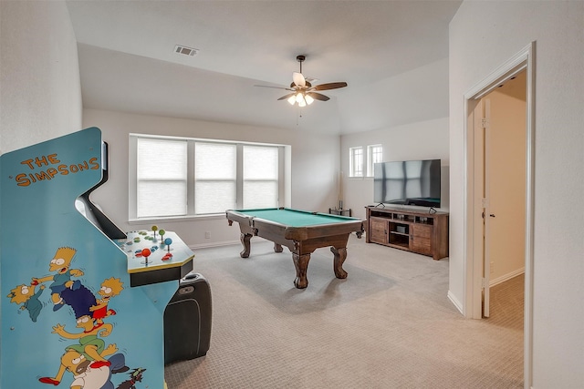 game room featuring light carpet, vaulted ceiling, ceiling fan, a healthy amount of sunlight, and billiards