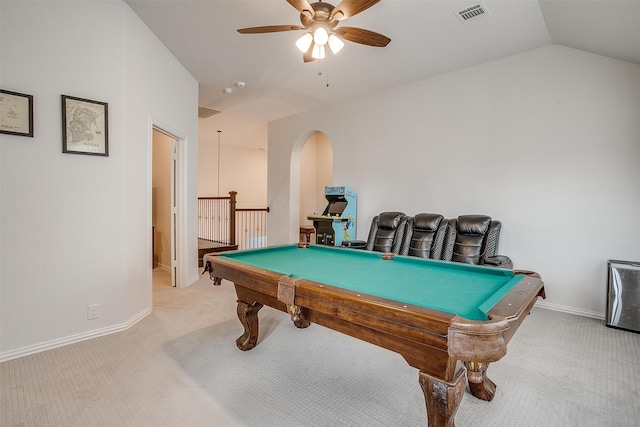 rec room featuring ceiling fan, light colored carpet, lofted ceiling, and pool table