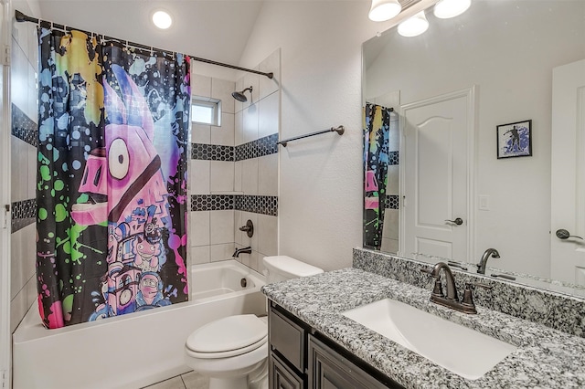 full bathroom featuring shower / bath combination with curtain, toilet, lofted ceiling, and vanity