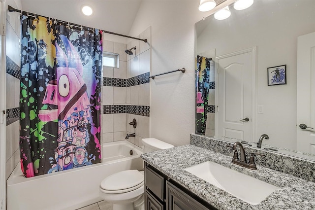 bathroom featuring shower / bath combo, vanity, and toilet