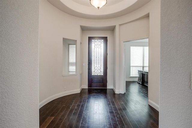 entrance foyer featuring dark wood-style flooring and baseboards