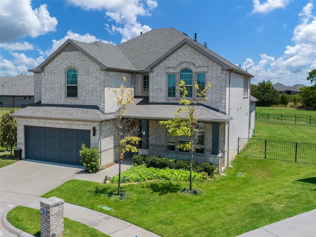 french country style house with a garage and a front yard