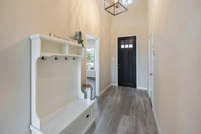 mudroom with hardwood / wood-style floors, a high ceiling, and an inviting chandelier