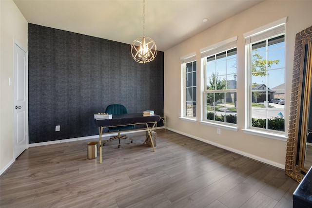 317 St Paul Ct, Heath, TX 75126 - office area with healthy amount of natural light, baseboards, a chandelier, wood finished floors, and wallpapered walls