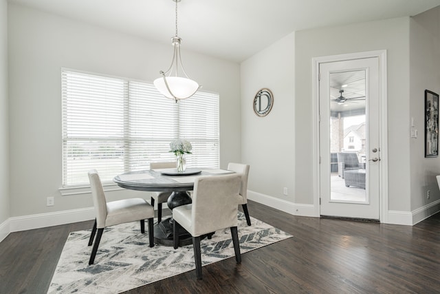 dining area featuring ceiling fan and dark wood-type flooring