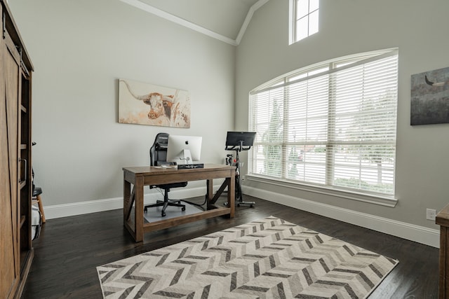 office featuring dark hardwood / wood-style flooring, crown molding, and lofted ceiling