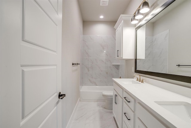 bathroom with visible vents, double vanity, a sink, toilet, and marble finish floor