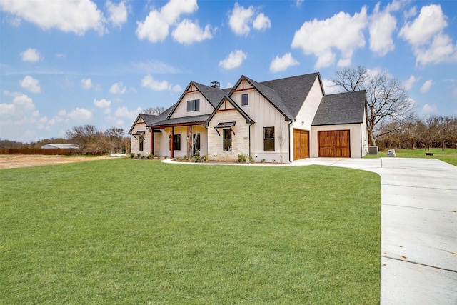 modern farmhouse style home with driveway, a front lawn, board and batten siding, roof with shingles, and an attached garage