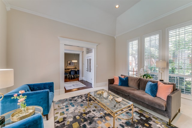 tiled living room with crown molding