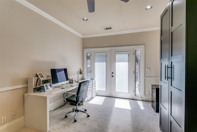 office featuring french doors, light carpet, and crown molding