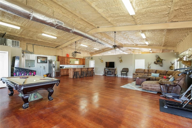 playroom with ceiling fan, lofted ceiling, and pool table