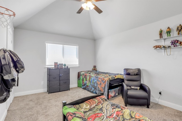 carpeted bedroom featuring vaulted ceiling and ceiling fan