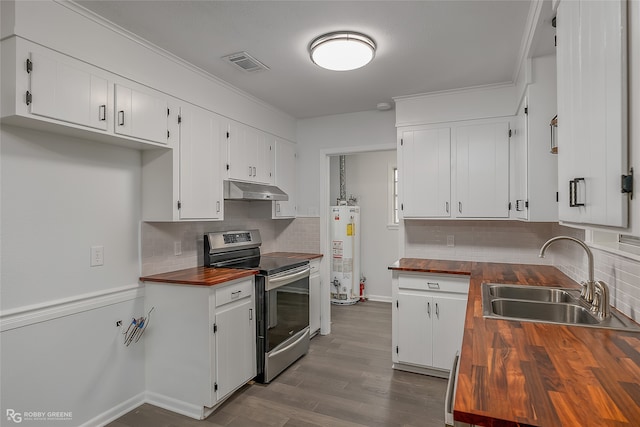 kitchen featuring electric stove, wood counters, sink, gas water heater, and white cabinets