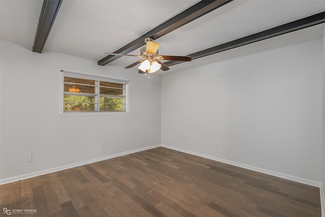 empty room with ceiling fan, dark hardwood / wood-style floors, and beam ceiling