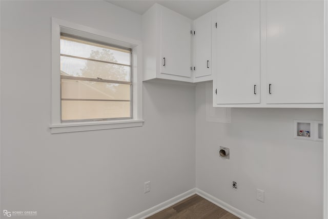 laundry area featuring cabinets, wood-type flooring, hookup for a washing machine, and electric dryer hookup