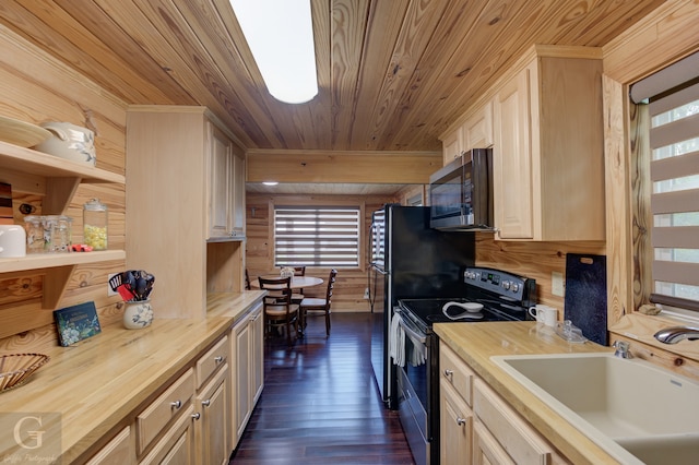 kitchen with butcher block counters, wood walls, sink, dark wood-type flooring, and black range with electric cooktop