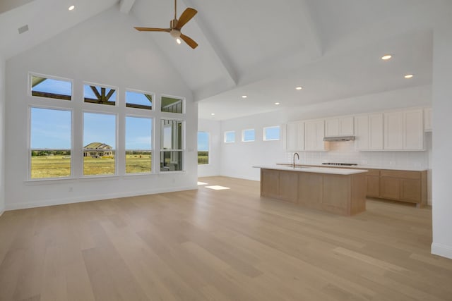 kitchen with white cabinetry, light hardwood / wood-style flooring, high vaulted ceiling, backsplash, and an island with sink