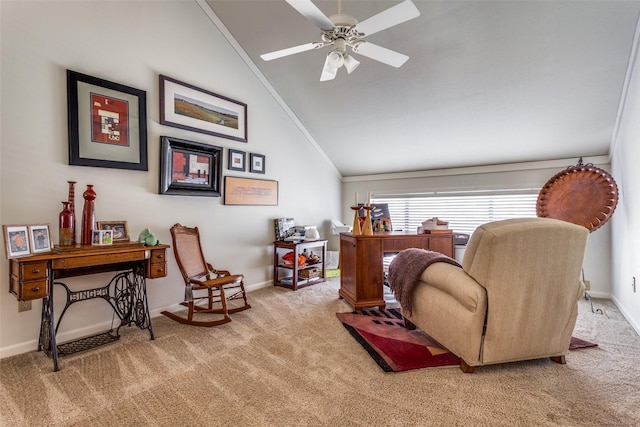 living area featuring light carpet, crown molding, high vaulted ceiling, and ceiling fan