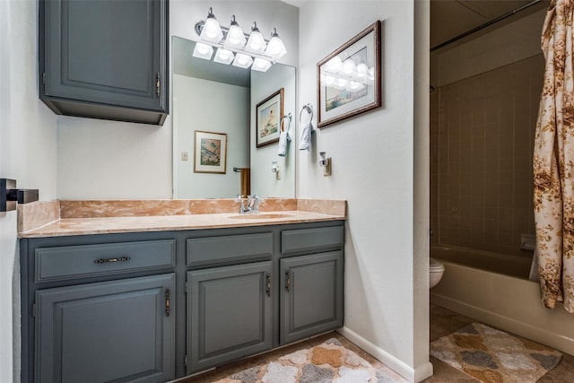 full bathroom featuring toilet, vanity, and shower / tub combo with curtain