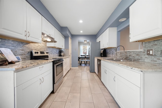 kitchen with white cabinets, sink, backsplash, and appliances with stainless steel finishes