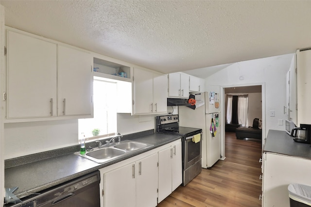 kitchen with white cabinetry, stainless steel appliances, sink, and dark hardwood / wood-style flooring